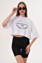 Women's Print Detailed Crew Neck Short Oversize T-Shirt - 260131 - 2