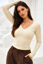 Women's Beige V-Neck Cotton Long Sleeve Blouse