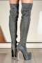 Merlin Silvery Gray Women's Thin Heel High Above-Knee Stretch Boots - 2