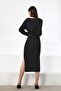 Anthracite Midi Length Viscose Women's Knitwear Skirt with Side Slits - 2