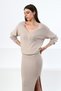 Beige Midi Length Viscose Women's Knitwear Skirt with Side Slits - 3