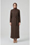 Stripe Patterned Belted Hijab Dress 2222A-01 Brown - 3