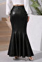 Women's Black Brushed Inside Faux Leather Mermaid Long Skirt High Waist Chic & Modern Design - 5