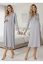 Women's Gray Special Design Lace Embroidered Long Sleeve Cotton Maternity Nightgown Set - 3