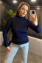 Navy Blue High-Collar Knitwear with Sleeve Detail - 7