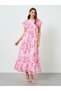 Women Pink Floral Print Ruffled Sleeves Maxi Dress - 3