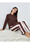 Women Brown Long Sleeve T-Shirt and Striped Pyjama Set