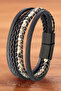 Men's Leather Bracelet with Dalmatian Natural Stone, Black Multi-Leather Cord Bracelet - 2
