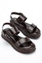 Women's Bitter Brown Wrinkled Patent Leather Double-Strapped Side Buckle Detailed Daily Comfortable Sandals
