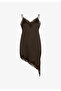 Women's Brown Lace Striped Asymmetrical Cut Satin Strap Dress - 4
