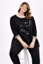 Women's Plus Size Black Tunic with Stone Detailing, Ribbed Collar and Sleeves 65N39379 - 3