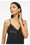 Women's Black Lace Striped Asymmetrical Cut Satin Strap Dress - 4