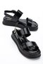 Women's Black Wrinkled Patent Leather Double-Strapped Side Buckle Detailed Casual Comfortable Sandals - 3