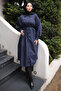 Navy Blue Oversize Stoned Buttoned Gabardine Tunic