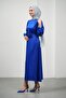 Cobalt Blue Floral Belted Stoned Satin Evening Dress - 4