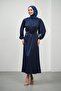 Navy Blue Floral Belted Stoned Satin Evening Dress