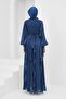 Navy Blue Draped Front Evening Dress with Tie Sleeves - 5