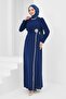 Navy Blue Draped Evening Dress with Stone Detail