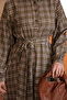 Khaki Belted Buttoned Front Long Plaid Dress - 4