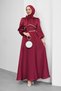 Burgundy Bow Collar, Stone Detailed Waist, Balloon Sleeve Evening Dress