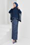 Navy Blue Sequined Evening Dress with Chiffon Detail on the Top - 3