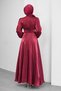 Burgundy Bow Collar, Stone Detailed Waist, Balloon Sleeve Evening Dress - 5