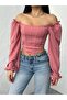 Women's Dusty Rose Square Neck Striped Long Balloon Sleeve Diver Fabric Crop Blouse - 2