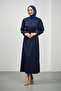 Navy Blue Floral Belted Stoned Satin Evening Dress - 2