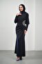 Navy Blue Draped Front Evening Dress with Stones