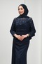 Navy Blue Draped Front Evening Dress with Stones - 2