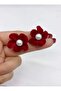 Red Velvet Flower Earrings - Medium with Pearls - Velvet Pearl Flower Gift - 3