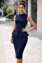 Navy Sleeveless Turtleneck Ruffle Detail Crepe Fabric Pencil Dress