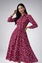 Women's Fuchsia Polka Dot Half-Placket Buttoned Elastic-Waist Dress - 2