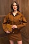 Suede Nubuck Texture Design Lining Premium Quality Equivalent Oversized Bomber Jacket Coat Mini Skirt Set - 2