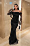 Full Beaded Fabric Boat Neck Evening Dress - Black