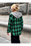 Women's Green Hooded Oversize Pocketed Buttoned Plaid Shirt Jacket - 5