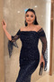 Full Beaded Fabric Boat Neck Evening Dress - Dark Blue - 4