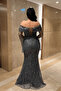 Full Beaded Fabric Boat Neck Evening Dress - Anthracite - 5
