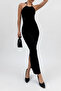 Women's Black Long Dress with Collar and Moon Accessories - 5