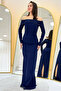 Women's Madonna Collar Beaded Embroidered Long Sleeve Fish Evening Dress Red, Black, Navy Blue, White