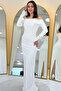 Women's Madonna Collar Beaded Embroidered Long Sleeve Fish Evening Dress Red, Black, Navy Blue, White - 3