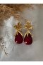 Burgundy Stone Detailed Flower Model Earrings - 4