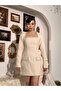 Square Neck Pearl Detailed Mini Premium Design Tweed Dress