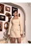 Square Neck Pearl Detailed Mini Premium Design Tweed Dress - 5