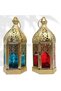 Moroccan Lanterns Set of 2 – Decorative Hanging & Table Lanterns for Ramadan, Eid, Christmas – Gold Metal with Red & Blue Glass, Candle Holder Moroccan Decor for Home, Living Room
