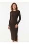 Women's Camisole Shirred Stretch Fabric Crew Neck Long Sleeve Slit Midi Dress