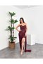 Strapless Neckline Beaded Embroidered Draped Side Slit Maxi Women's Evening Dress