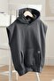 Kids Boy Plain Sleeveless Oversize Hoodie, Grey - 4