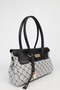 Women's Monogram Gray Leather Belted Charm Detailed Covered Hand and Shoulder Bag 16X30 cm Pera - 3