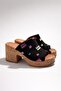 Women's Silva Black Denim Fabric Cork Sole Orthopedic Platform Heel Slippers